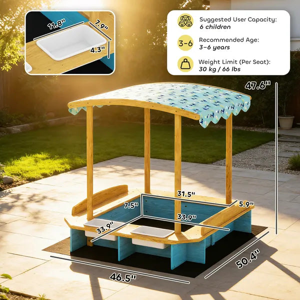 Qaba Wooden Sandbox with Dinosaur Print Canopy Kids Sandbox Outdoor with Bench Seats and 2 Storage Bins - product image 3