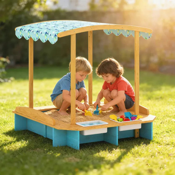 Qaba Wooden Sandbox with Dinosaur Print Canopy Kids Sandbox Outdoor with Bench Seats and 2 Storage Bins - product image 10