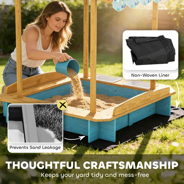 Qaba Wooden Sandbox with Dinosaur Print Canopy Kids Sandbox Outdoor with Bench Seats and 2 Storage Bins - product image 8