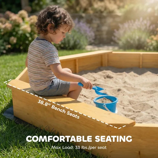 Qaba Wooden Sandbox with Large Canopy, Outdoor Sand Box with 4 Bench Seats, Bottom Liner for 8 Kids Aged 3-8, Yellow - product image 5