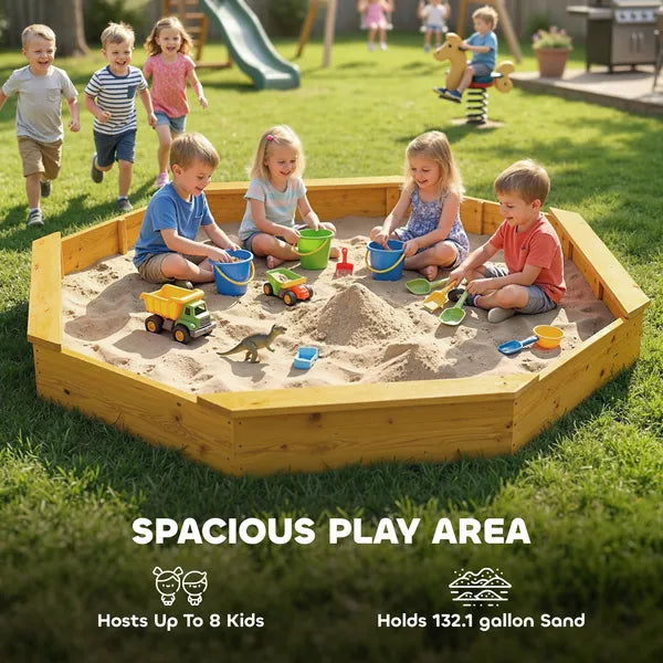 Qaba Wooden Sandbox with Large Canopy, Outdoor Sand Box with 4 Bench Seats, Bottom Liner for 8 Kids Aged 3-8, Yellow - product image 3