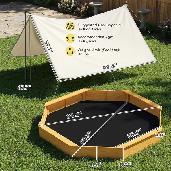 Qaba Wooden Sandbox with Large Canopy, Outdoor Sand Box with 4 Bench Seats, Bottom Liner for 8 Kids Aged 3-8, Yellow - product image 2