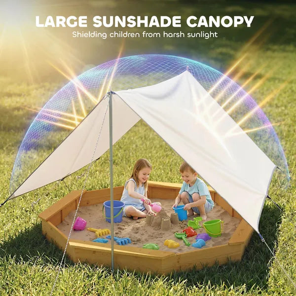 Qaba Wooden Sandbox with Large Canopy, Outdoor Sand Box with 4 Bench Seats, Bottom Liner for 8 Kids Aged 3-8, Yellow - product image 4