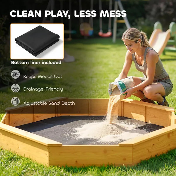 Qaba Wooden Sandbox with Large Canopy, Outdoor Sand Box with 4 Bench Seats, Bottom Liner for 8 Kids Aged 3-8, Yellow - product image 6