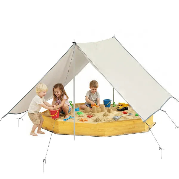 Qaba Wooden Sandbox with Large Canopy, Outdoor Sand Box with 4 Bench Seats, Bottom Liner for 8 Kids Aged 3-8, Yellow - product image 1