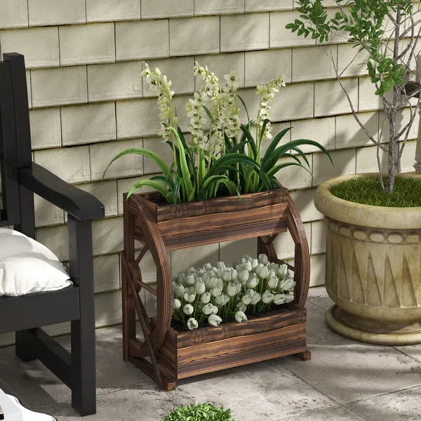 Outsunny Wooden Wagon Planter Box, 2-Tier Raised Garden Bed, for Vegetables Flowers Herbs, 22" x 13" x 22" - product image 10