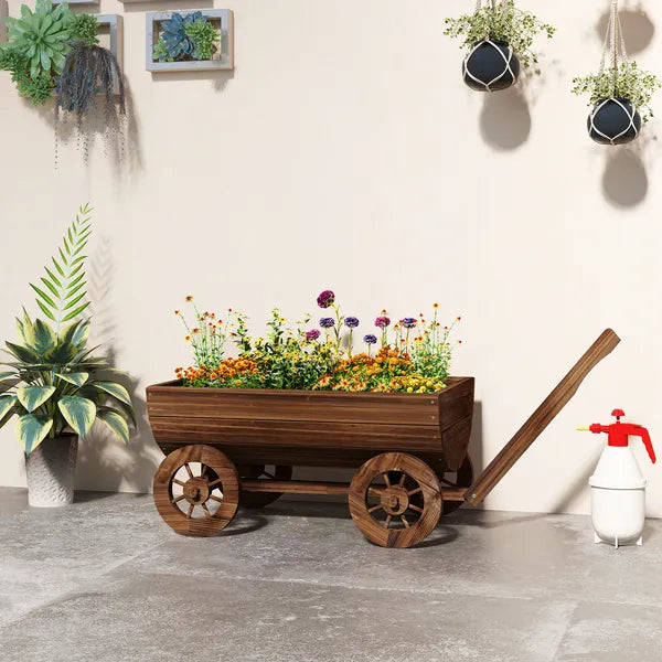 Outsunny Wooden Wagon Planter Box, Mobile Garden Planter with 4 Wheels, Small Wheelbarrow Wagon Flower Cart with Drainage Hole - product image 10