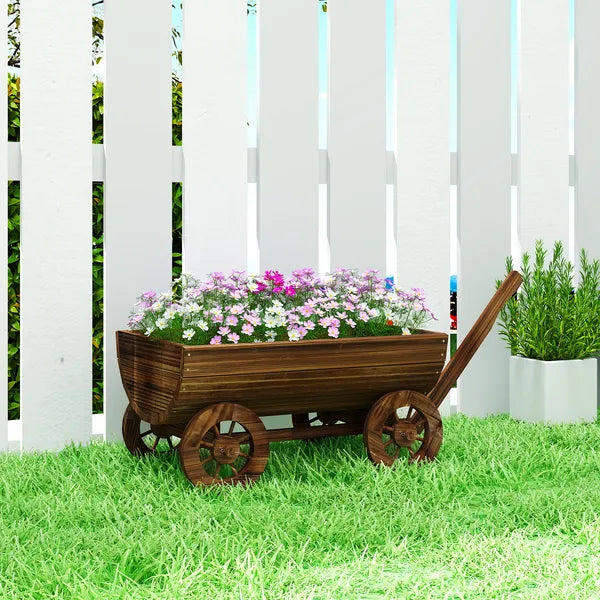 Outsunny Wooden Wagon Planter Box, Mobile Garden Planter with 4 Wheels, Small Wheelbarrow Wagon Flower Cart with Drainage Hole - product image 2
