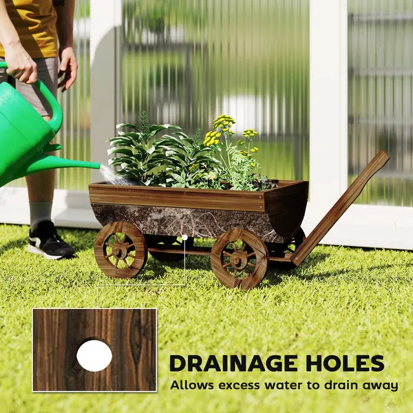 Outsunny Wooden Wagon Planter Box, Mobile Garden Planter with 4 Wheels, Small Wheelbarrow Wagon Flower Cart with Drainage Hole - product image 5