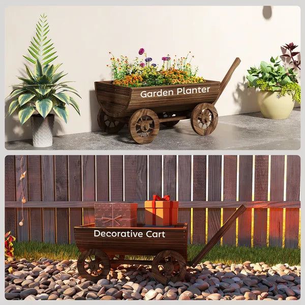 Outsunny Wooden Wagon Planter Box, Mobile Garden Planter with 4 Wheels, Small Wheelbarrow Wagon Flower Cart with Drainage Hole - product image 8