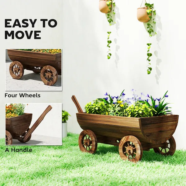 Outsunny Wooden Wagon Planter Box, Mobile Garden Planter with 4 Wheels, Small Wheelbarrow Wagon Flower Cart with Drainage Hole - product image 6