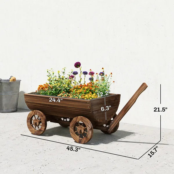 Outsunny Wooden Wagon Planter Box, Mobile Garden Planter with 4 Wheels, Small Wheelbarrow Wagon Flower Cart with Drainage Hole - product image 3