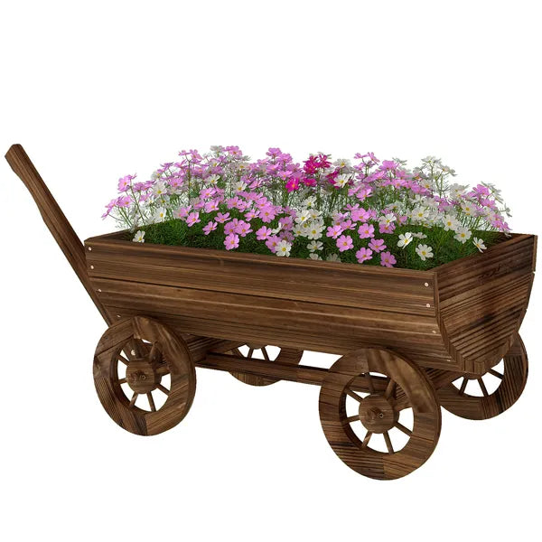 Outsunny Wooden Wagon Planter Box, Mobile Garden Planter with 4 Wheels, Small Wheelbarrow Wagon Flower Cart with Drainage Hole - product image 1