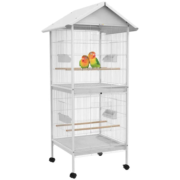 Wrought Metal Bird Cage Feeder 67" H with Rolling Stand Perches Food Containers Doors Wheels White - product image 1