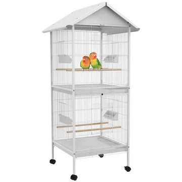 Wrought Metal Bird Cage Feeder 67" H with Rolling Stand Perches Food Containers Doors Wheels White - product image 1