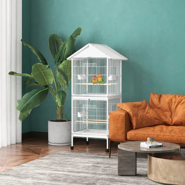 Wrought Metal Bird Cage Feeder 67" H with Rolling Stand Perches Food Containers Doors Wheels White - product image 2