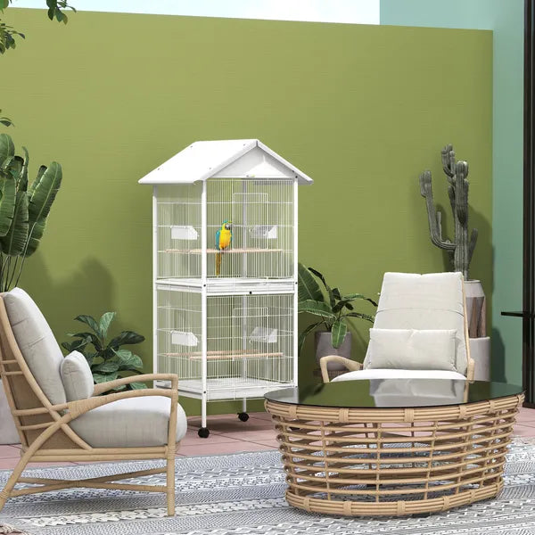 Wrought Metal Bird Cage Feeder 67" H with Rolling Stand Perches Food Containers Doors Wheels White - product image 10