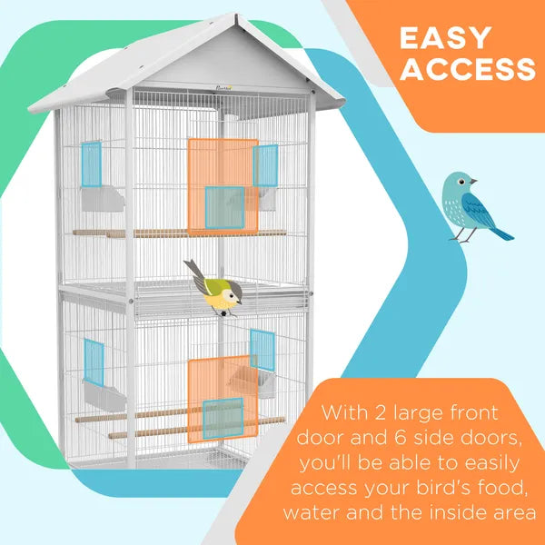Wrought Metal Bird Cage Feeder 67" H with Rolling Stand Perches Food Containers Doors Wheels White - product image 5