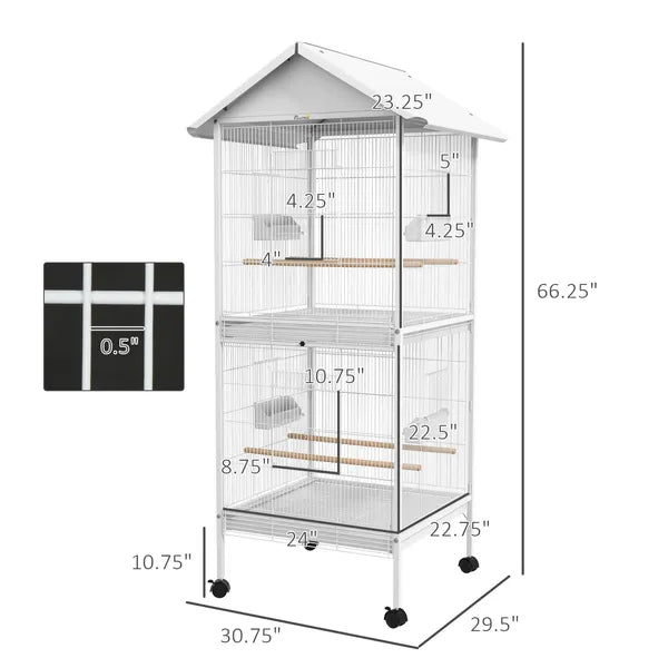 Wrought Metal Bird Cage Feeder 67" H with Rolling Stand Perches Food Containers Doors Wheels White - product image 3
