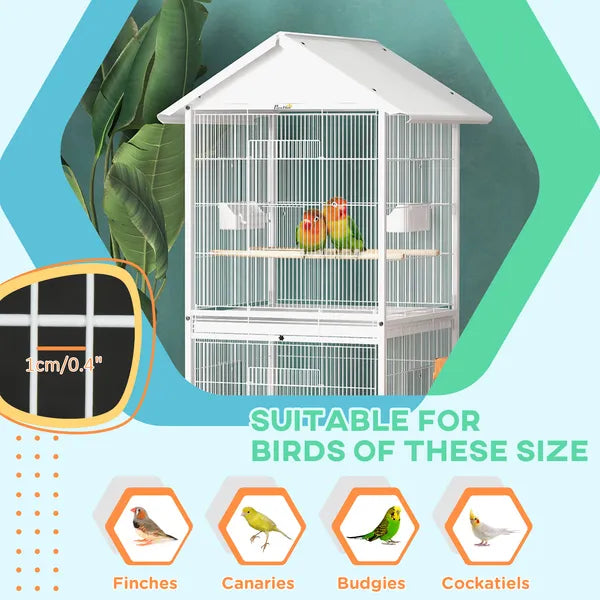 Wrought Metal Bird Cage Feeder 67" H with Rolling Stand Perches Food Containers Doors Wheels White - product image 6