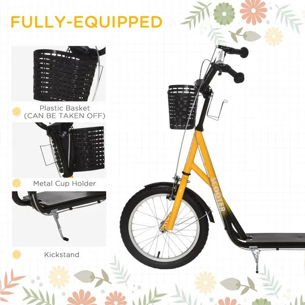 Youth Scooter, Kick Scooter with Adjustable Handlebars, Double Brakes, 16" Inflatable Rubber Tires, Basket, Cupholder, Orange - product image 6
