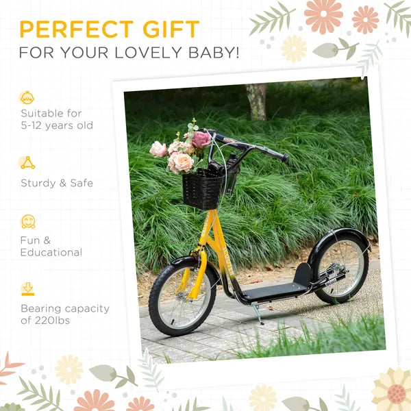 Youth Scooter, Kick Scooter with Adjustable Handlebars, Double Brakes, 16" Inflatable Rubber Tires, Basket, Cupholder, Orange - product image 5
