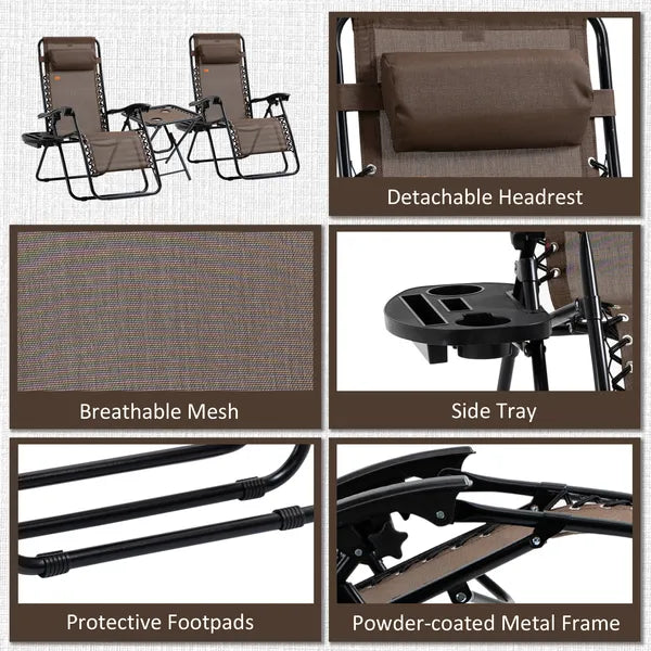 Outsunny 3-Piece Zero Gravity Chair Set with 2 Recliners and Side Table Brown - product image 7