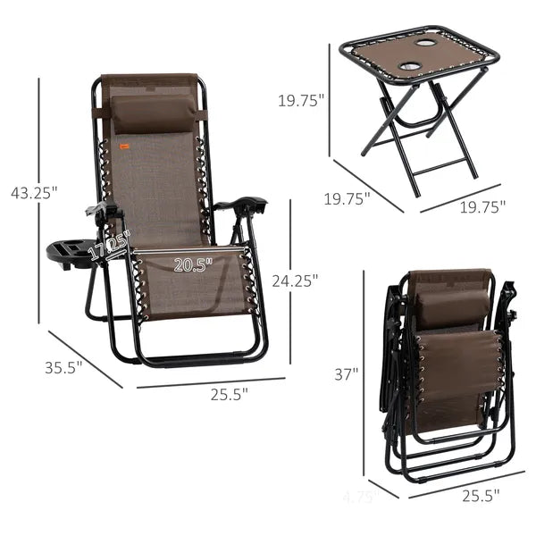 Outsunny 3-Piece Zero Gravity Chair Set with 2 Recliners and Side Table Brown - product image 3