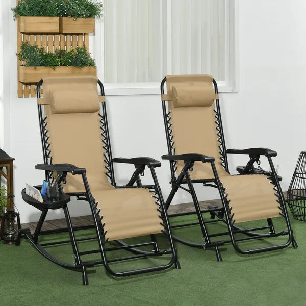 Zero Gravity Rocking Chair Set, 2 Piece Outdoor Recliner, Foldable with Pillow, Cup and Phone Holder, Beige - product image 10