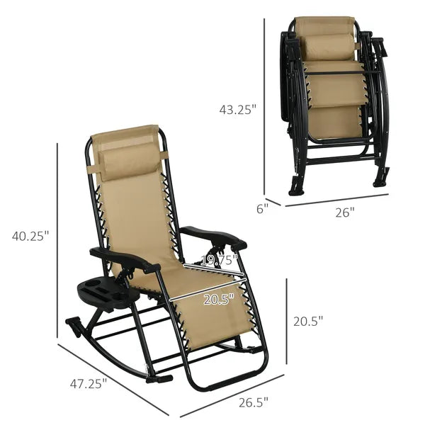 Zero Gravity Rocking Chair Set, 2 Piece Outdoor Recliner, Foldable with Pillow, Cup and Phone Holder, Beige - product image 3