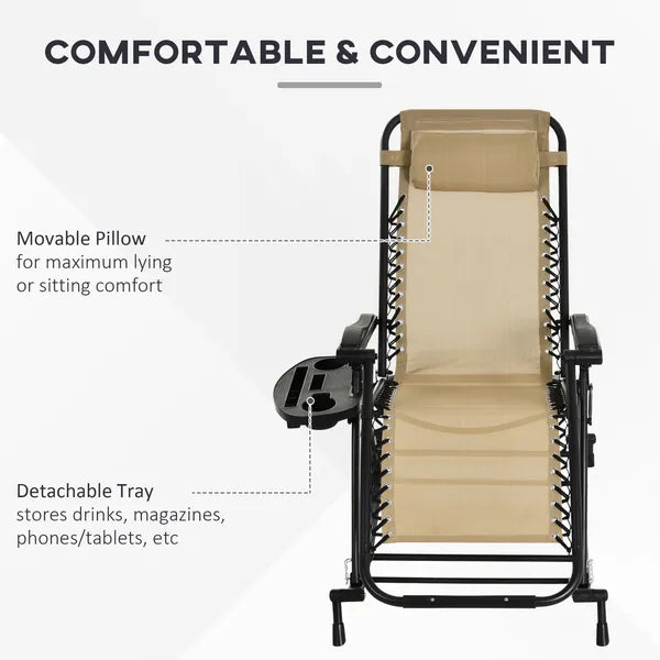 Zero Gravity Rocking Chair Set, 2 Piece Outdoor Recliner, Foldable with Pillow, Cup and Phone Holder, Beige - product image 5