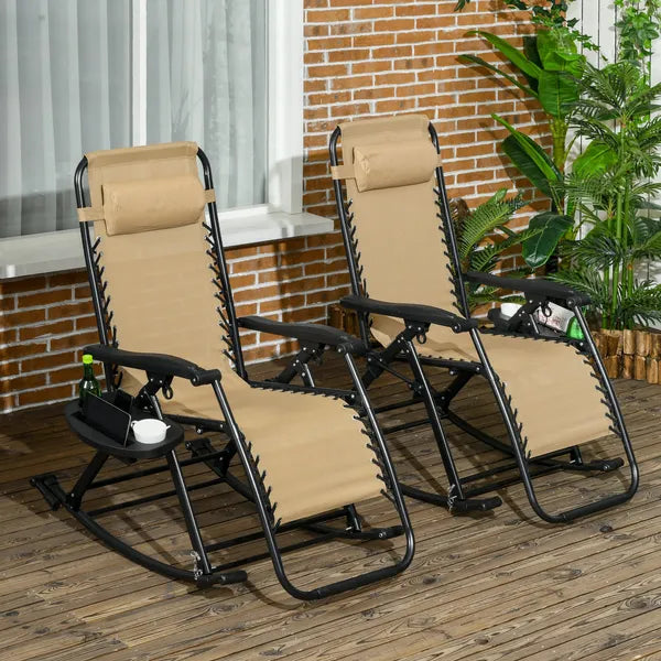 Zero Gravity Rocking Chair Set, 2 Piece Outdoor Recliner, Foldable with Pillow, Cup and Phone Holder, Beige - product image 2