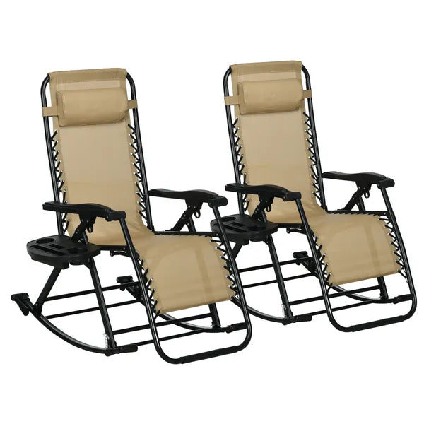 Zero Gravity Rocking Chair Set, 2 Piece Outdoor Recliner, Foldable with Pillow, Cup and Phone Holder, Beige - product image 11