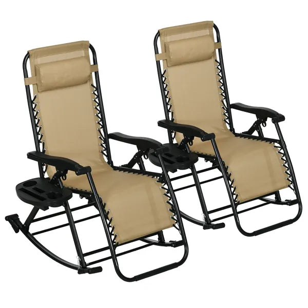 Zero Gravity Rocking Chair Set, 2 Piece Outdoor Recliner, Foldable with Pillow, Cup and Phone Holder, Beige - product image 1