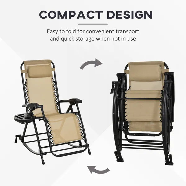 Zero Gravity Rocking Chair Set, 2 Piece Outdoor Recliner, Foldable with Pillow, Cup and Phone Holder, Beige - product image 4