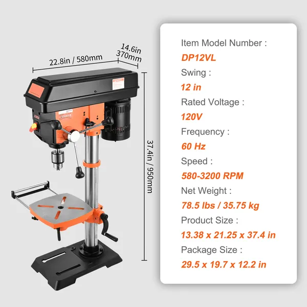 12-Inch 5A 120V Variable-Speed Benchtop Drill Press with Laser and Work Light