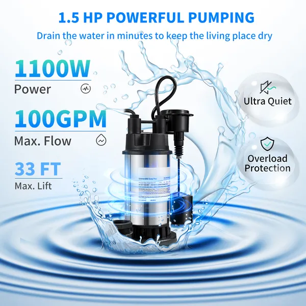 1.5 HP 6000 GPH Submersible Sump Pump with Vertical Float Switch