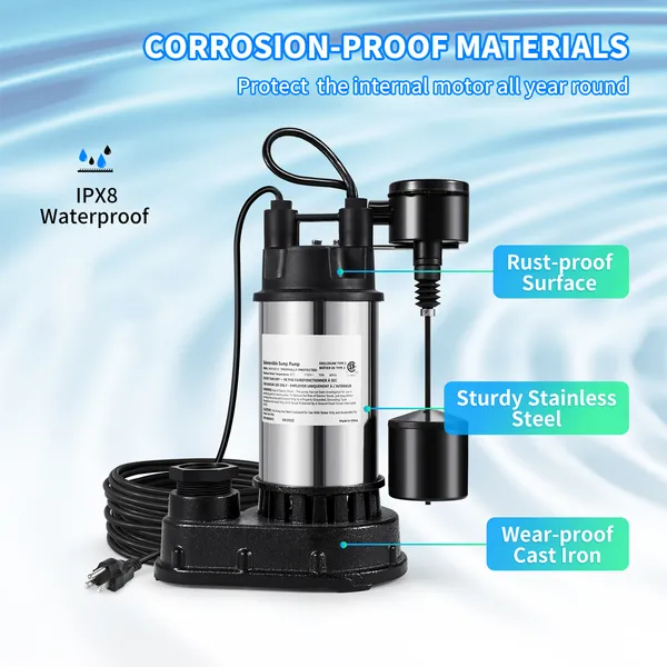 1.5 HP 6000 GPH Submersible Sump Pump with Vertical Float Switch